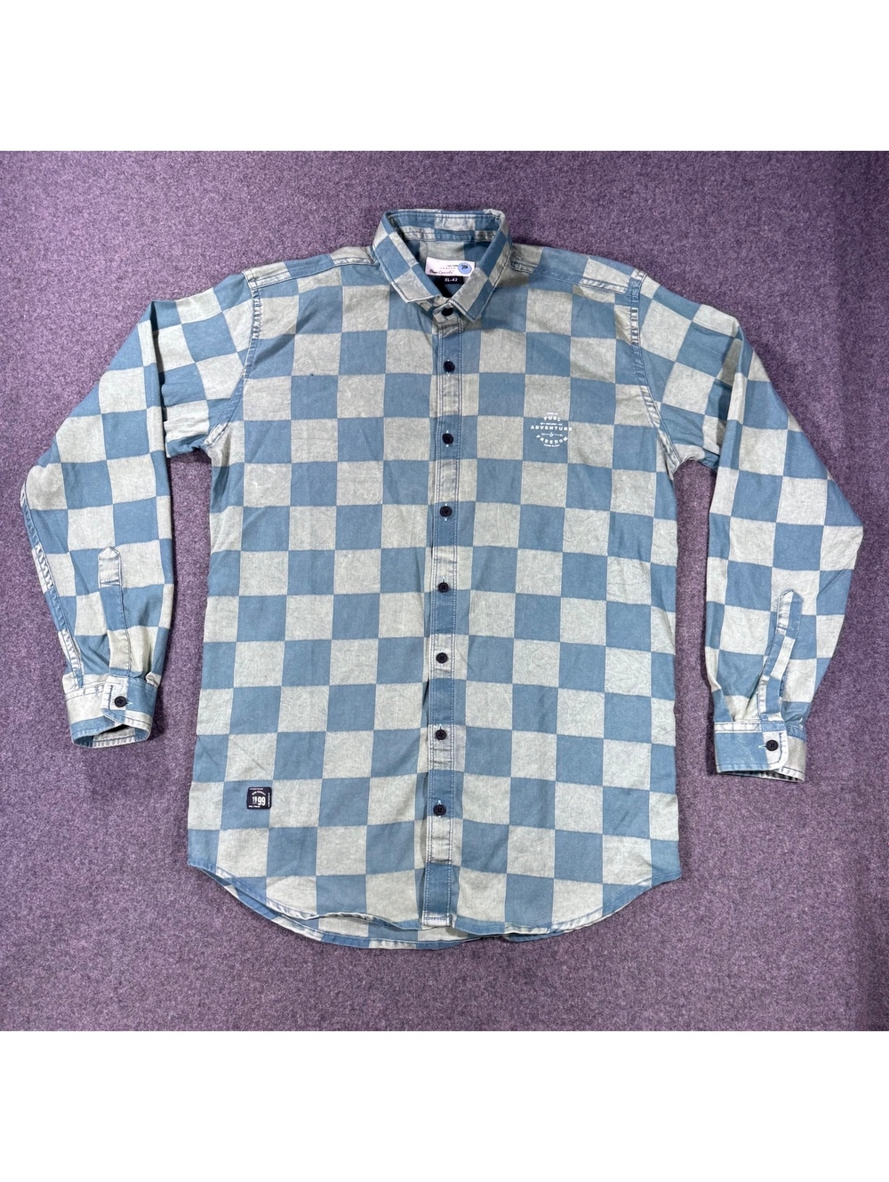 Men's Checkerboard Long Sleeve Button-Up Shirt Blue/Grey Plaid Graphic Print XL